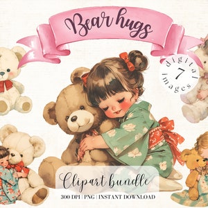 Mädchen mit Teddybär Kimono Clipart Bundle Niedlichen Vintage Rüschen Clipart Niedlichen Mädchen Kinderzimmer Clipart Collage Kit Digitale Aufkleber
