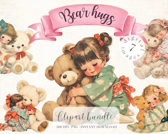 Girl with Teddy bear Kimono Clipart Bundle Cute Vintage Ruffle Clipart Cute Girl Nursery Clipart Collage Kit Digital Stickers