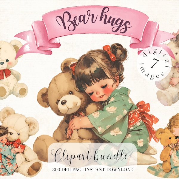 Girl with Teddy bear Kimono Clipart Bundle Cute Vintage Ruffle Clipart Cute Girl Nursery Clipart Collage Kit Digital Stickers