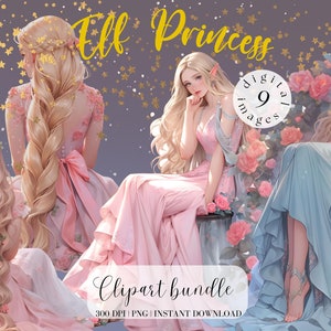 Elfe Prinzessin Clipart Bundle, langes Haar Ansicht von hinten, schönes Haar, Prinzessin Clipart, Mädchen Clipart, Scrapbooking, Junk Journal