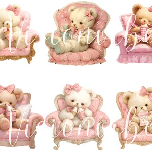 Teddy Bear with Ice cream Clipart Bundle Watercolor Bear in Chair Nursery Digital Download Vintage Teddy Bear Pink Ice Cream Clipart Bedroom imagem 4