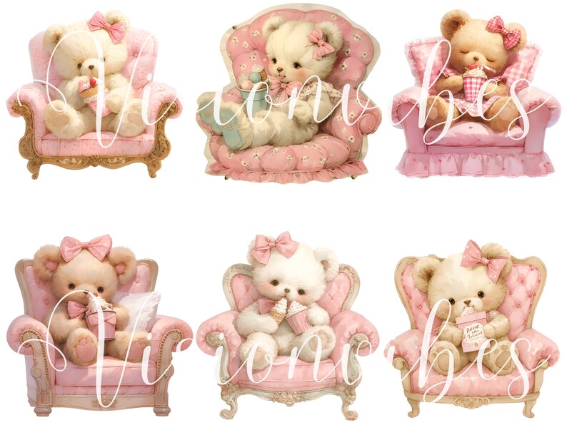 Teddy Bear with Ice cream Clipart Bundle Watercolor Bear in Chair Nursery Digital Download Vintage Teddy Bear Pink Ice Cream Clipart Bedroom imagem 4