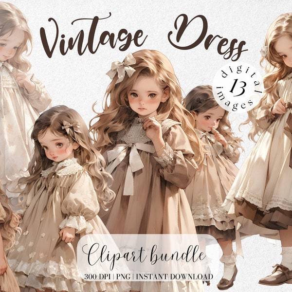 Retro Little Girl in Beige Dress Clipart Bundle Vintage girl in Vintage dress Retro Clipart Cute Girl in Brown vintage dress