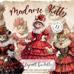 Ephemera Vintage Katze im Weihnachtskleid Aquarell Clipart Bundle Süße Kätzchen Png Katze Illustration Ephemera Collage Design Junk Journal
