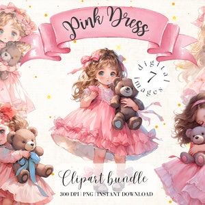Retro kleines Mädchen im rosa Kleid Clipart Bundle Teddy Bär Anime Mädchen im rosa Kleid Sommer Clipart süßes Mädchen mit rosa Kleid mit Teddybär