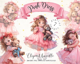 Retro Little Girl in Pink Dress Clipart Bundle Teddy Bear Anime girl in Pink dress Summer Clipart Cute Girl with Pink Dress with Teddy Bear