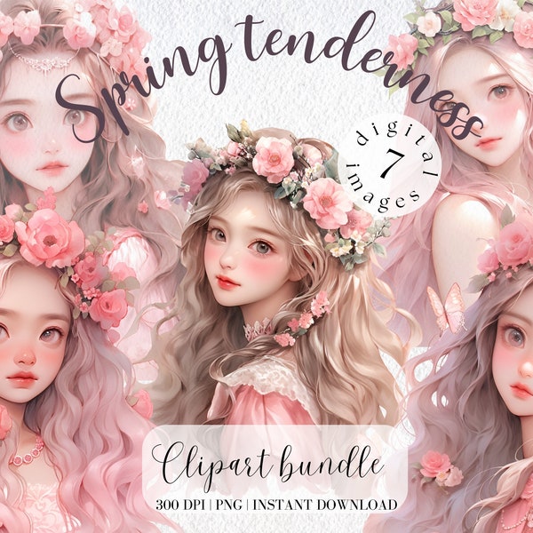 Girl in Pink flowers Clipart Bundle Cute girl with long hair Asian Girl Anime style Clipart Commercial free Illustartion Digital