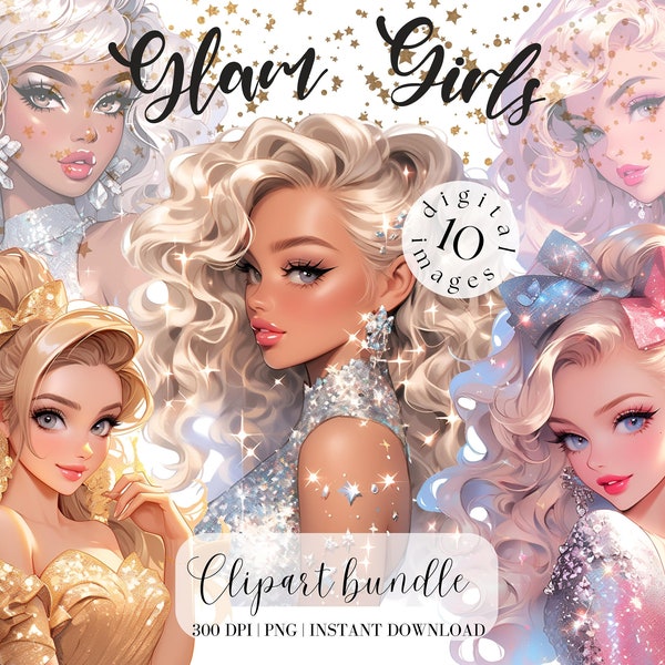 Glam Girl in Glossy Dress Clipart Bundle Beautiful girl Blonde Girl Princess in Shiny Dress Celebration Clipart Barbie Princess Girl Png