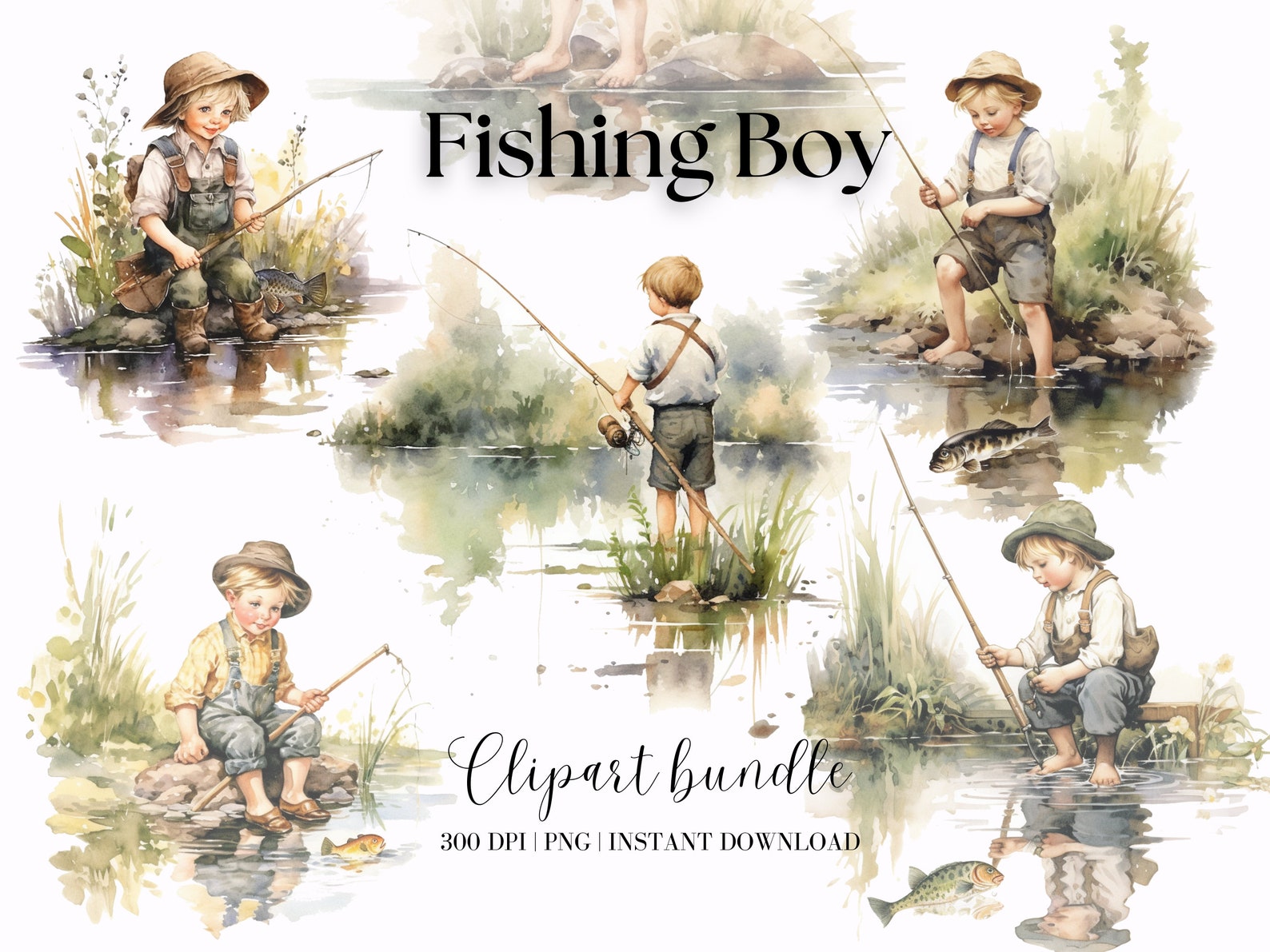 Vintage Boy Fishing Clipart Bundle Fishing Watercolor Clipart - Etsy