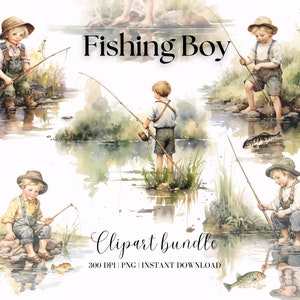 Paquete de imágenes prediseñadas de pesca de niño vintage, imágenes prediseñadas de acuarela de pesca, imágenes prediseñadas de pesca vintage, imágenes prediseñadas de niño lindo, imágenes prediseñadas de niño lindo vintage PNG, imágenes prediseñadas de verano