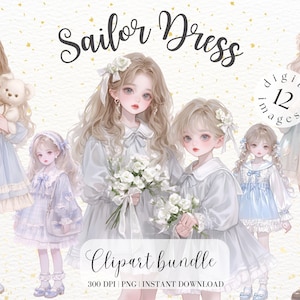 Süßes Mädchen mit langen Haaren Pastel Girl Anime Clipart Aquarell Illustration Digitale Aufkleber PNG
