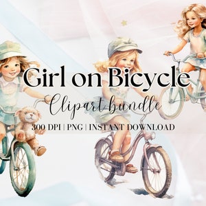 自転車に乗る女の子のクリップアートバンドル レトロな女の子のクリップアート 夏のクリップアート 自転車のデジタル画像 幸せな子供のクリップアート レトロなクリップアート 自転車のPNG女の子