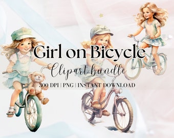 Girl Riding Bicycle Clipart Bundle Retro Girl Clipart Summer Clipart Bicycle Digital Image Happy Kid Clipart Retro Clipart Bicycle Png Girl
