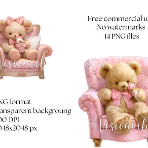 Teddy Bear with Ice cream Clipart Bundle Watercolor Bear in Chair Nursery Digital Download Vintage Teddy Bear Pink Ice Cream Clipart Bedroom imagem 7