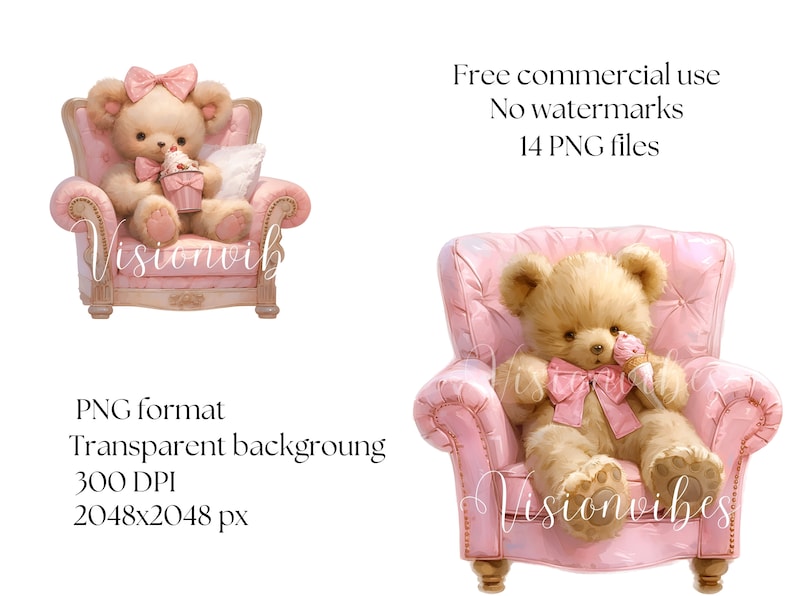 Teddy Bear with Ice cream Clipart Bundle Watercolor Bear in Chair Nursery Digital Download Vintage Teddy Bear Pink Ice Cream Clipart Bedroom imagem 7