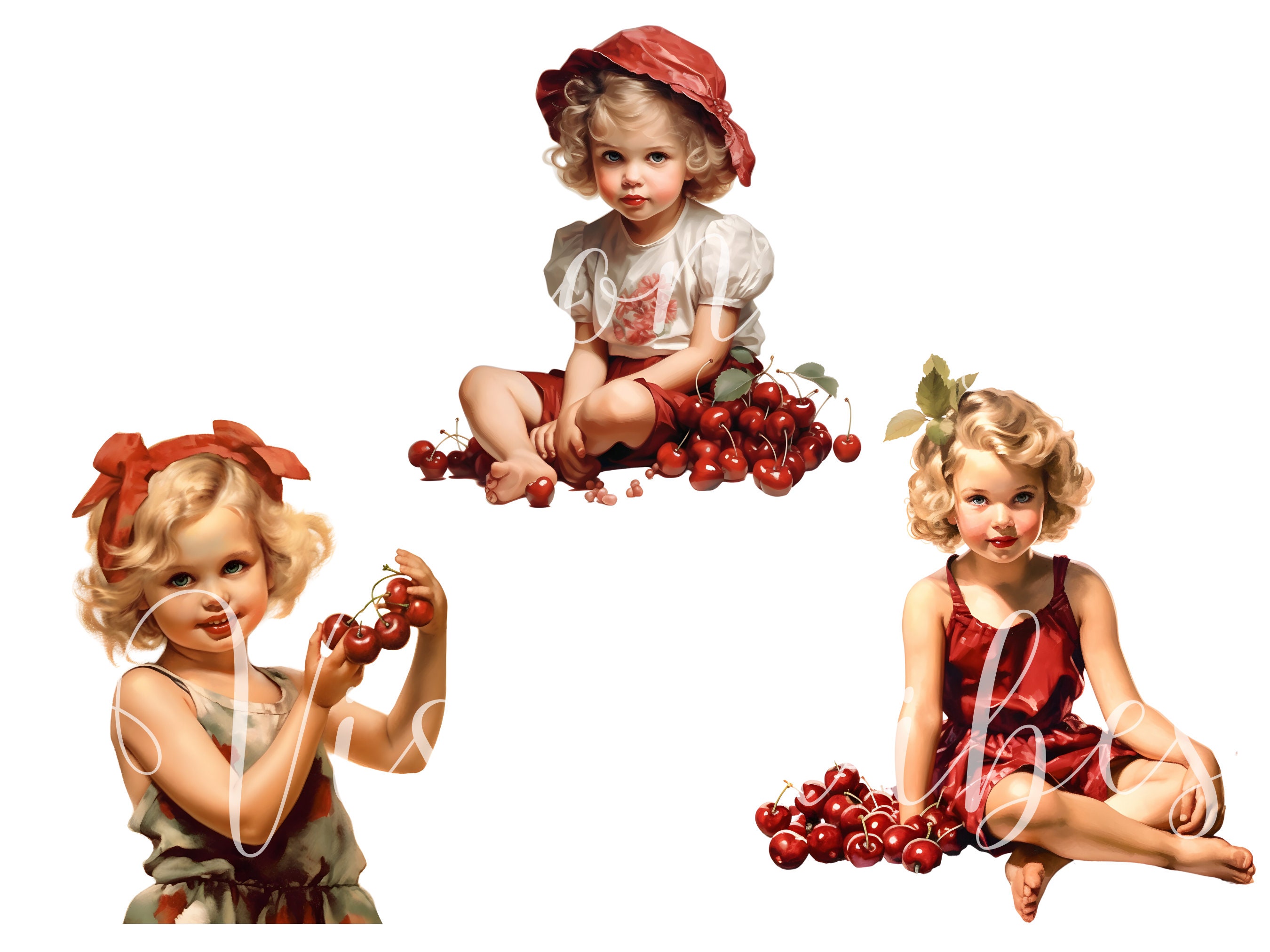 Retro Girl With Cherry Clipart Bundle Retro Girl Clipart Summer Clipart ...