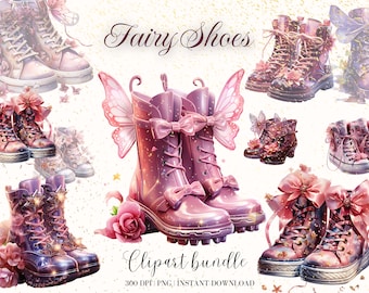 Fairy Shoes Watercolor Clipart Bundle, Commercial Free Watercolor Clipart, Shoes Png for Sublimation, Watercolor Floral Pink Clipart