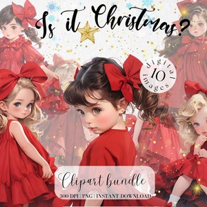 Weihnachten Clipart Bundle Aquarell Weihnachten Kleid Clipart Vintage Weihnachten Clipart Mädchen im roten Kleid Aquarell Weihnachten Png Retro Png