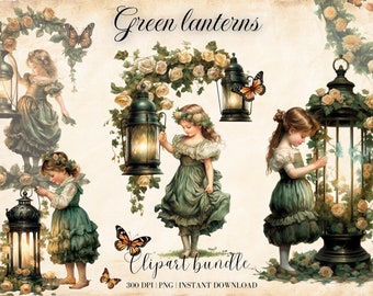 Lantern and Flowers Watercolor Clipart Bundle, Victorian Girl in Summer, FSummer decorations, Lantern Digital Image, Vintage Little Girl