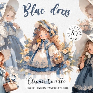 Paquete de imágenes prediseñadas de chica romántica vintage con vestido azul, acuarela, pastel, niña, clipart de acuarela, linda chica, clipart efímera, chica retro, basura