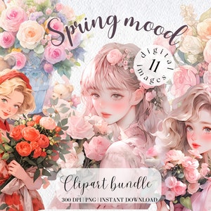 Romantic Girl with flowers Clipart Bundle Watercolor Pastel Roses in Vase Clipart Collage Kit Rose Digital Stocker Anime Girl Cute Vintage