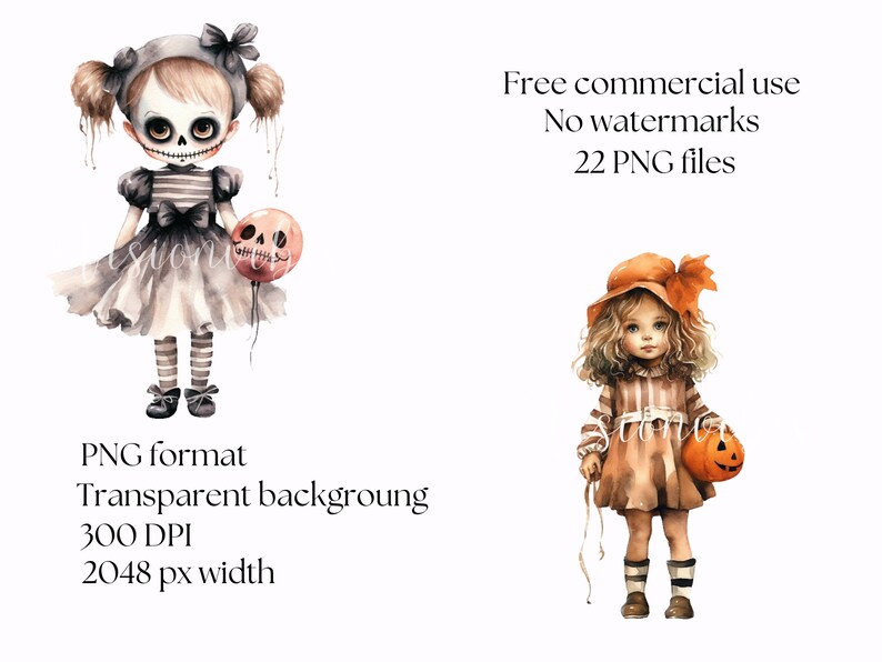 May include: Two watercolour illustrations of girls dressed in Halloween costumes. The first girl is wearing a skeleton costume and holding a pink balloon with a skull face. The second girl is wearing a brown dress with a pumpkin and a hat with a bow.  Free commercial use. No watermarks. 22 PNG files.