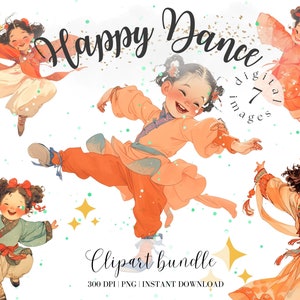 Paquete de imágenes prediseñadas de niña bailando con kimono, imágenes prediseñadas de niña feliz, kit de collage vintage de baile, pegatinas digitales, niña sonriente, felicidad, Png