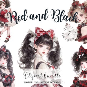 Casino Girl Clipart Bundle Personaggio di Chess Thene Ragazza asiatica Stile anime in abito a quadri neri e rossi Clipart Illustrazione gratuita commerciale