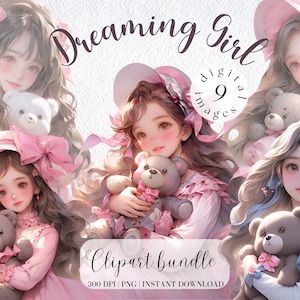 Little Girl with Teddy Bear Clipart Bundle Princesscore Vintage girl in pink dress Scrapbooking Junk Journal Collage Kit Blue dress