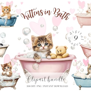 Kawaii Kittens in Bath Watercolor clipart Bundle Cute Cat Illustration Baby Animals Nursery Clipart Collage Kit Digital Stickers Kittens png