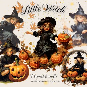 Little witch Halloween Clipart Little Girl in Witch Costume Digital Image Junk Journal Scrapbooking Pumpkin Clipart Autumn Fall Clipart