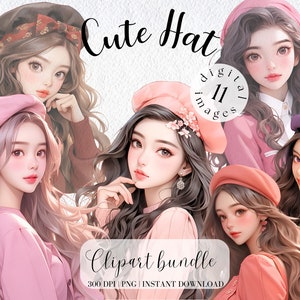 Schattig Aziatisch meisje in casual clipartbundel Schattig meisje in hoed meisje animestijl Clipart commercial gratis Illustartion digitale stickers