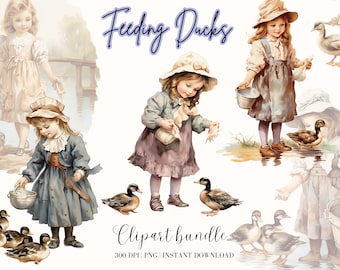 Vintage Girl feeding Ducks Clipart Bundle Watercolor Vintage girl Png Cute Girl Duck Clipart Nursery Clipart Retro Girl Clipart Junk Journal
