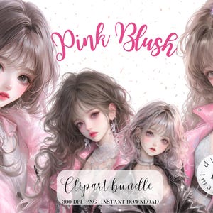 Stedelijk meisje in roze clipartbundel schattig meisje met lang haar Aziatisch meisje anime-stijl clipart commercieel gratis illustratie digitale stickers schattig