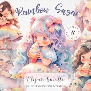 Retro kleines Mädchen mit Regenbogen Candy Clipart Bundle Sweets und Mädchen im Regenbogen Kleid Sommer Clipart süßes Mädchen Scrapbooking Junk Journal
