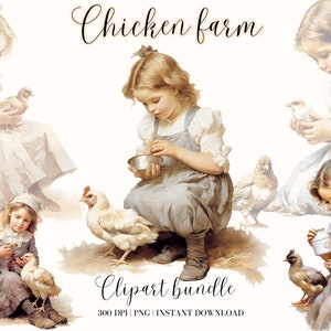 Vintage fille et poulet Clipart Bundle aquarelle fille fichier numérique pour sublimation chambre d'enfant rétro fille Clipart Junk Journal Commercial gratuit