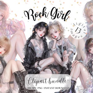 Stedelijk meisje in roze clipartbundel schattig meisje met lang haar Aziatisch meisje anime-stijl clipart commercieel gratis illustratie digitale stickers schattig