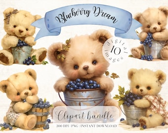 Teddy Bear with Blueberry Clipart Bundle Watercolor Blueberry Nursery Digital Download Vintage Teddy Bear Berry Bucket Clipart Bedroom