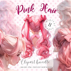 Meisje met roze haar clipartbundel, uitzicht van achteren, mooi haar, schattige kleine meisjes, kapsel clipart, scrapbooking, junk Journal