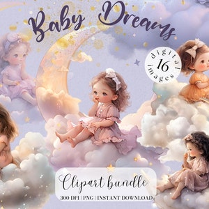 Nettes kleines Mädchen in Wolken Clipart Bundle Gute Nacht Clipart Schläfriges Baby Png Scrapbooking Junk Journal Neumond Illustration Collage