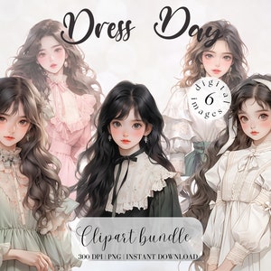 Schattig meisje in vintage jurk clipartbundel schattig meisje met lang haar Aziatisch meisje anime stijl clipart commercial gratis Illustartion Digital
