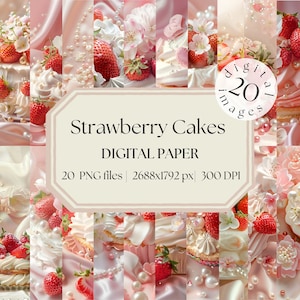 Afdrukbaar aardbeientaart digitaal papier, dromerig digitaal papier, pastelkleurige achtergrond, hart kant achtergrond, junk journal downloaden, scrapbooking