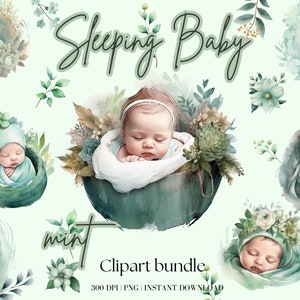 Pasgeboren aquarel clipart bundel mint Boho baby clipart kwekerij clipart slapende baby PNG mint aquarel clipart baby shower clip art