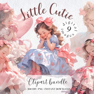 Niedliches kleines Mädchen Clipart Valentinstag Clipart Bundle, Little Valentine Girl Painter, Junk-Journal, Scrapbooking, Girl in Pink Dress