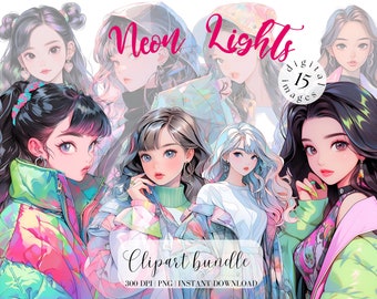 Girl in a Casual Colourful jacket Clipart Bundle Digital Stickers Cute City Girls Illustration Scrapbooking Neon Color Bomber Jacket Anime