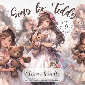 Mädchen mit Teddybär, weißes Kleid, Clipart, Bundle, niedliche Vintage, Rüschen, Clipart, niedliche Mädchen, Kinderzimmer, Collage Kit, digitale Aufkleber