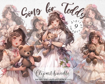 Girl with Teddy bear White Dress Clipart Bundle Cute Vintage Ruffle Clipart Cute Girl Nursery Clipart Collage Kit Digital Stickers