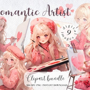 Romantische Künstler Mädchen Valentinstag Clipart Bundle Little Valentine Girl Painter, Junk-Journal, Scrapbooking, Mädchen in rosa Kleid, Anime Mädchen
