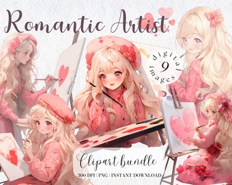 Romantic Artist Girl Valentines Day Clipart Bundle Little Valentine Girl Painter, Junk journal, Scrapbooking, Girl in pink dress, Anime girl