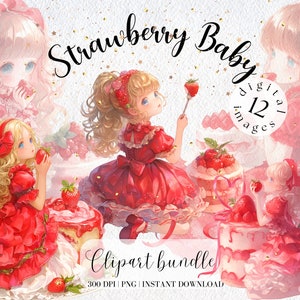 Valentinstag Clipart Bundle Niedliches kleines Erdbeer Mädchen mit Kuchen, Junk Journal, Scrapbooking, Mädchen im roten Kleid, Anime Clipart, Kuchen